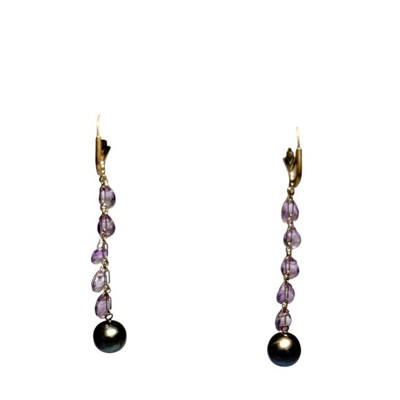Amethyst Drop Dangle Earrings with Black Pearl Accents for Women - Picture 4 of 6